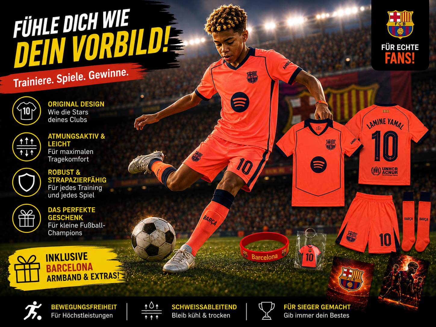 Barcelona Set (Bright Mango) für Kinder Saison 25/26 / Fanprodukt Lamine Yamal
